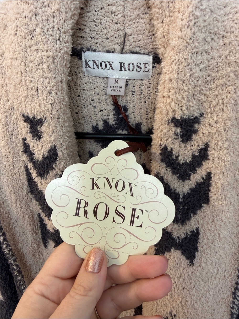 Knox Rose Plush Aztec Shawl Cardigan - Cream & Dark Brown - Picture 5 of 5